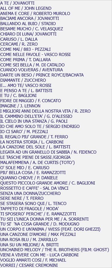 A TE / JOVANOTTI ALL OF ME / JOHN LEGEND ANEMA E CORE / ROBERTO MUROLO BACIAMI ANCORA / JOVANOTTI BALLANDO AL BUIO / STADIO BESAME MUCHO / C. VELASQUEZ CHIARO DI LUNA/ JOVANOTTI CARUSO / L. DALLA CERCAMI / R. ZERO COME MAI / 883 - PEZZALI COME NELLE FAVOLE - VASCO ROSSI COME PRIMA / T. DALLARA COME SEI BELLA / M. DI CATALDO CUANDO VOLVERAS / AVENTURA DARTE UN BESO / PRINCE ROYCE/BACHATA DIAMANTE / ZUCCHERO E... AMO TE/ VASCO ROSSI E PENSO A TE / L. BATTISTI E TU / C. BAGLIONI FIORE DI MAGGIO / F. CONCATO IMAGINE / J. LENNON I MIGLIORI ANNI DELLA NOSTRA VITA / R. ZERO IL CAMMINO DELL'ETA' / G. D'ALESSIO IL CIELO IN UNA STANZA / G. PAOLI IO CHE AMO SOLO TE / SERGIO ENDRIGO IO CI SARO' / M. PEZZALI IL REGALO PIU' GRANDE / T. FERRO LA NOSTRA STORIA / L. CARBONI LA CANZONE DEL SOLE / L. BATTISTI LEGATA AD UN GRANELLO DI SABBIA / N. FIDENCO LE TASCHE PIENE DI SASSI /GIORGIA MALAFEMMENA / A. DE CURTIS (TOTO') O' SOLE MIO / E. CARUSO PIU' BELLA COSA / E. RAMAZZOTTI QUANNO CHIOVE / P. DANIELE QUESTO PICCOLO GRANDE AMORE / C. BAGLIONI ROSSETTO E CAFFE' - SAL DA VINCI SENZA UNA DONNA/ZUCCHERO SERE NERE / T. FERRO SE STASERA SONO QUI / L. TENCO TAPPETO DI FRAGOLE / MODA' TI SPOSERO' PERCHE' / E. RAMAZZOTTI TU SEI L'UNICA DONNA PER ME / A. SORRENTI TU SI' 'NA COSA GRANDE / D. MODUGNO UN CORPO E UN'ANIMA / WESS (FEAT. DORI GHEZZI) UNA CANZONE D'AMORE / MAX PEZZALI UNA ROSA BLU / M. ZARRILLO UNA SU UN MILIONE/ A. BRITTI UNCHAINED MELODY / THE R. BROTHERS (FILM: GHOST) VIENI A VIVERE CON ME - LUCA CARBONI VOGLIO AMARTI COSI / F. MICHAEL VORREI / CESARE CREMONINI