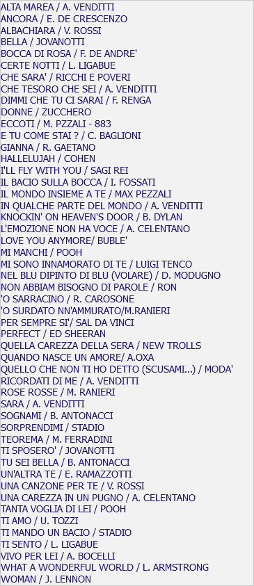 ALTA MAREA / A. VENDITTI ANCORA / E. DE CRESCENZO ALBACHIARA / V. ROSSI BELLA / JOVANOTTI BOCCA DI ROSA / F. DE ANDRE' CERTE NOTTI / L. LIGABUE CHE SARA' / RICCHI E POVERI CHE TESORO CHE SEI / A. VENDITTI DIMMI CHE TU CI SARAI / F. RENGA DONNE / ZUCCHERO ECCOTI / M. PZZALI - 883 E TU COME STAI ? / C. BAGLIONI GIANNA / R. GAETANO HALLELUJAH / COHEN I'LL FLY WITH YOU / SAGI REI IL BACIO SULLA BOCCA / I. FOSSATI IL MONDO INSIEME A TE / MAX PEZZALI IN QUALCHE PARTE DEL MONDO / A. VENDITTI KNOCKIN' ON HEAVEN'S DOOR / B. DYLAN L'EMOZIONE NON HA VOCE / A. CELENTANO LOVE YOU ANYMORE/ BUBLE' MI MANCHI / POOH MI SONO INNAMORATO DI TE / LUIGI TENCO NEL BLU DIPINTO DI BLU (VOLARE) / D. MODUGNO NON ABBIAM BISOGNO DI PAROLE / RON 'O SARRACINO / R. CAROSONE 'O SURDATO NN'AMMURATO/M.RANIERI PER SEMPRE SI'/ SAL DA VINCI PERFECT / ED SHEERAN QUELLA CAREZZA DELLA SERA / NEW TROLLS QUANDO NASCE UN AMORE/ A.OXA QUELLO CHE NON TI HO DETTO (SCUSAMI...) / MODA' RICORDATI DI ME / A. VENDITTI ROSE ROSSE / M. RANIERI SARA / A. VENDITTI SOGNAMI / B. ANTONACCI SORPRENDIMI / STADIO TEOREMA / M. FERRADINI TI SPOSERO' / JOVANOTTI TU SEI BELLA / B. ANTONACCI UN'ALTRA TE / E. RAMAZZOTTI UNA CANZONE PER TE / V. ROSSI UNA CAREZZA IN UN PUGNO / A. CELENTANO TANTA VOGLIA DI LEI / POOH TI AMO / U. TOZZI TI MANDO UN BACIO / STADIO TI SENTO / L. LIGABUE VIVO PER LEI / A. BOCELLI WHAT A WONDERFUL WORLD / L. ARMSTRONG WOMAN / J. LENNON